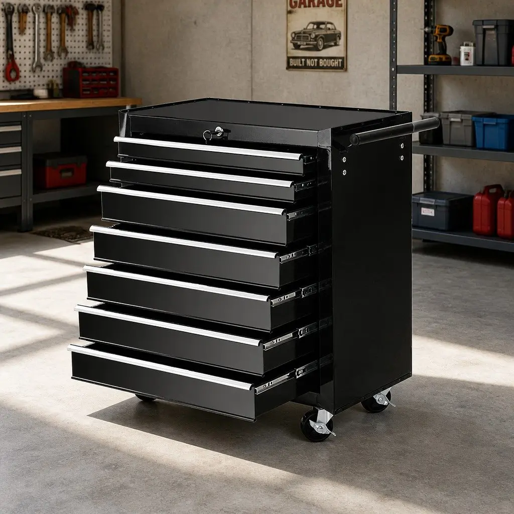 7 Drawer Tool Box Cabinet Chest Trolley Storage Garage Toolbox Black Steel