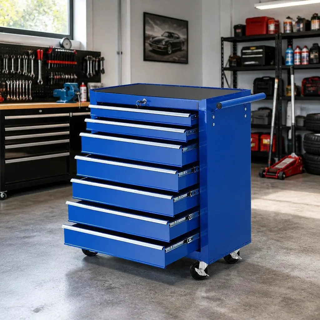 7 Drawer Tool Box Cabinet Trolley Storage Organizer Blue