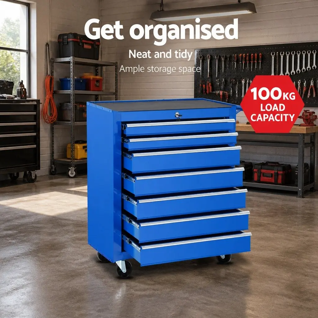 7 Drawer Tool Box Cabinet Trolley Storage Organizer Blue