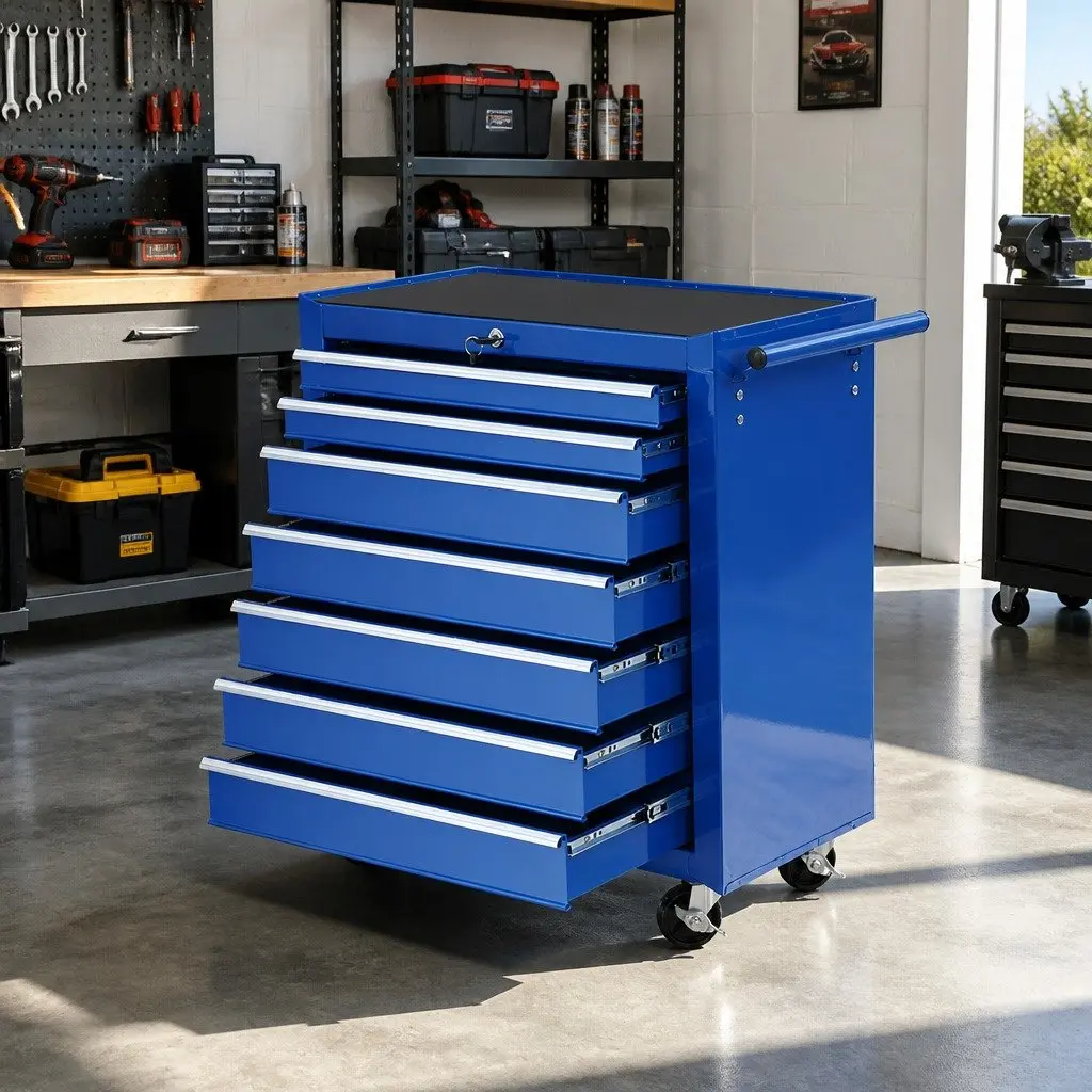 7 Drawer Tool Box Cabinet Trolley Storage Organizer Blue