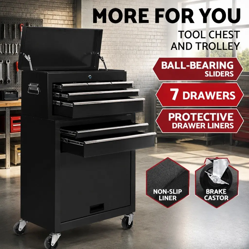 7 Drawer Tool Box Chest Trolley Storage Cabinet Organiser Black