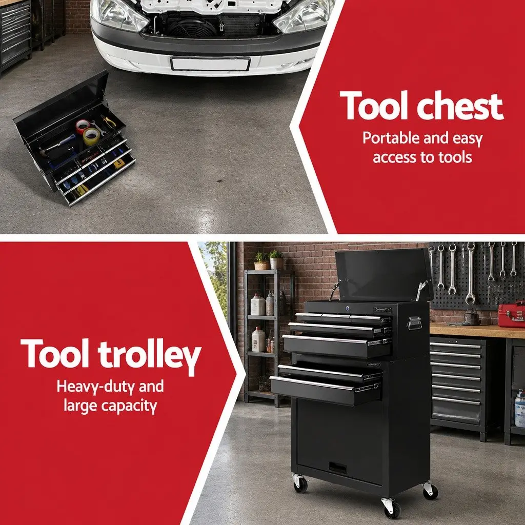 7 Drawer Tool Box Chest Trolley Storage Cabinet Organiser Black