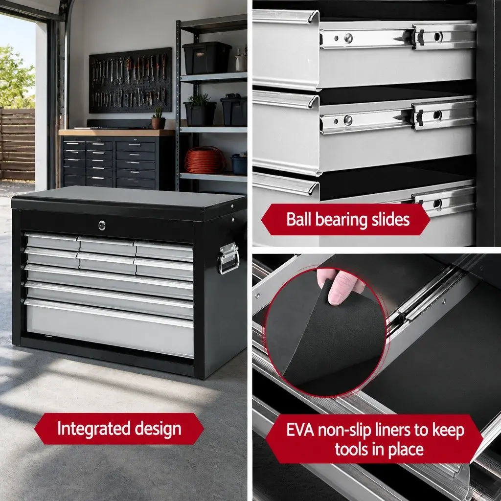 9 Drawer Tool Box Cabinet Storage Organiser Garage Workshop Black Grey