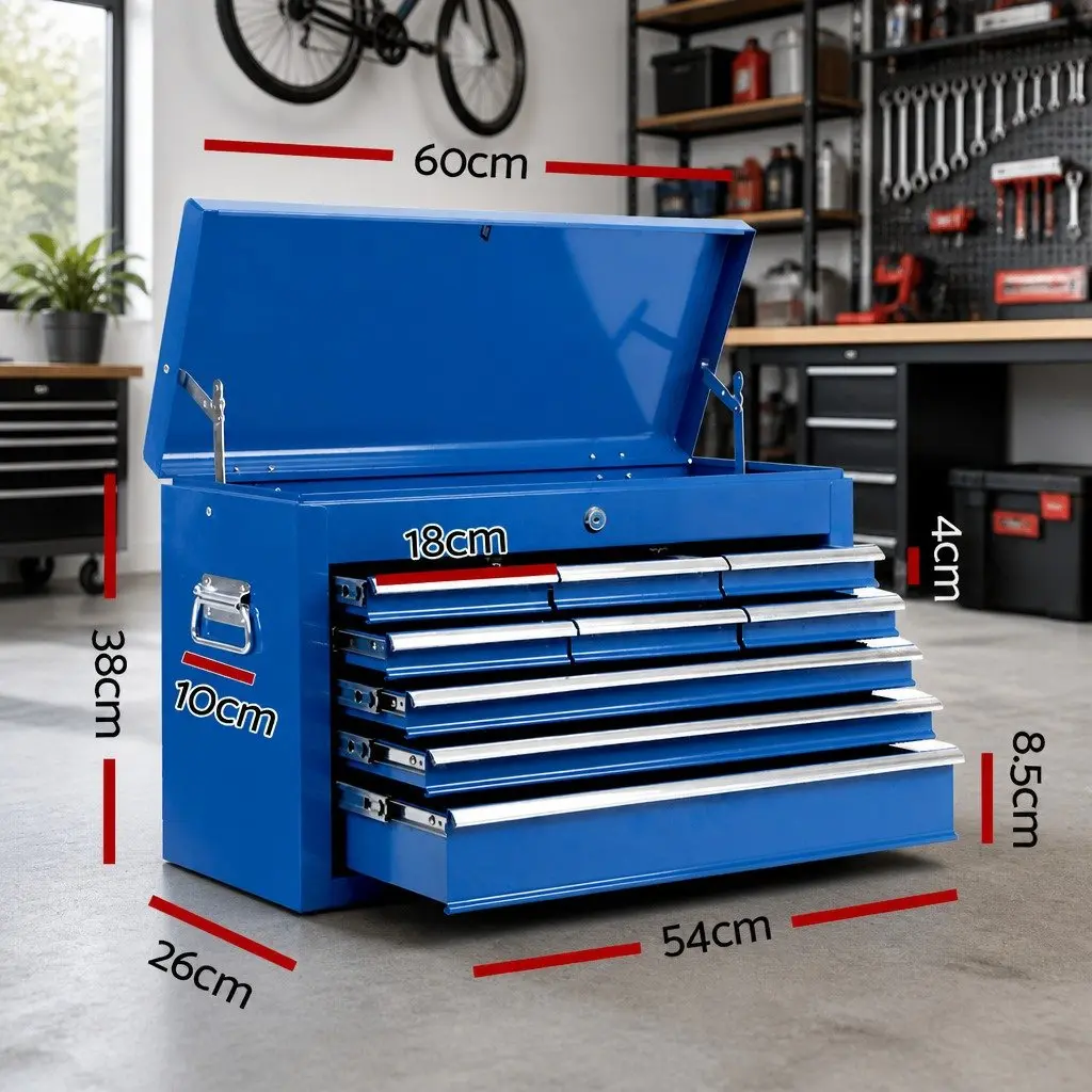 Tool Cabinet Storage Organiser 9 Drawer Steel Blue 60cm W x 26cm D x 38cm H