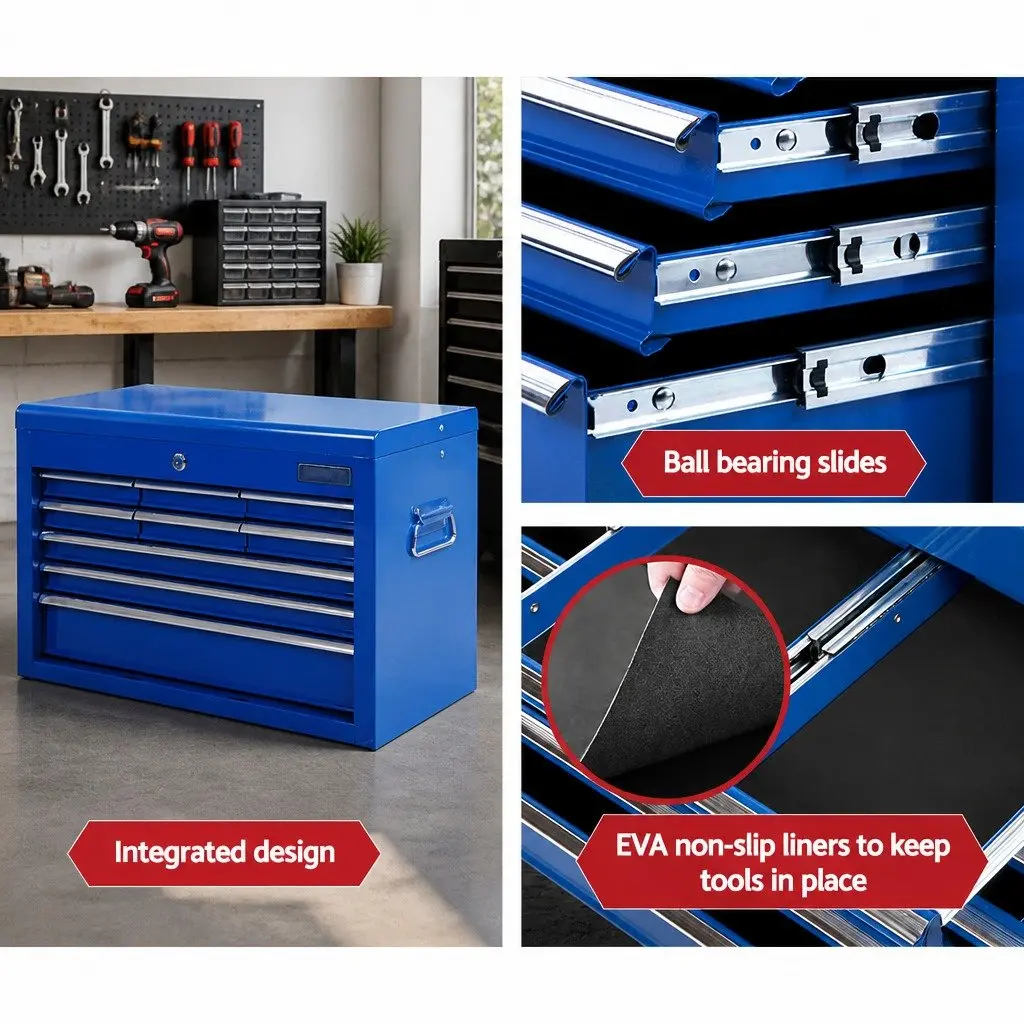 Tool Cabinet Storage Organiser 9 Drawer Steel Blue 60cm W x 26cm D x 38cm H