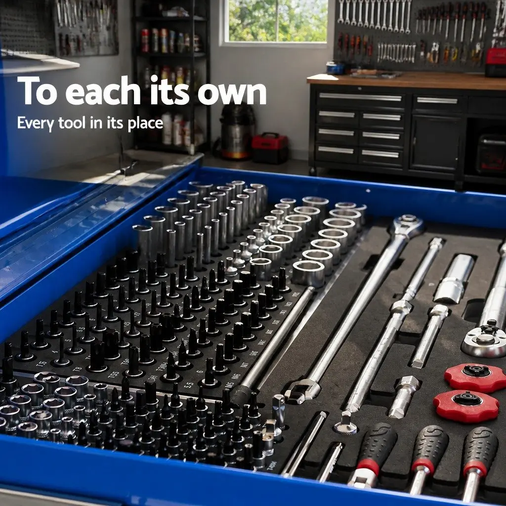 Tool Cabinet Storage Organiser 9 Drawer Steel Blue 60cm W x 26cm D x 38cm H
