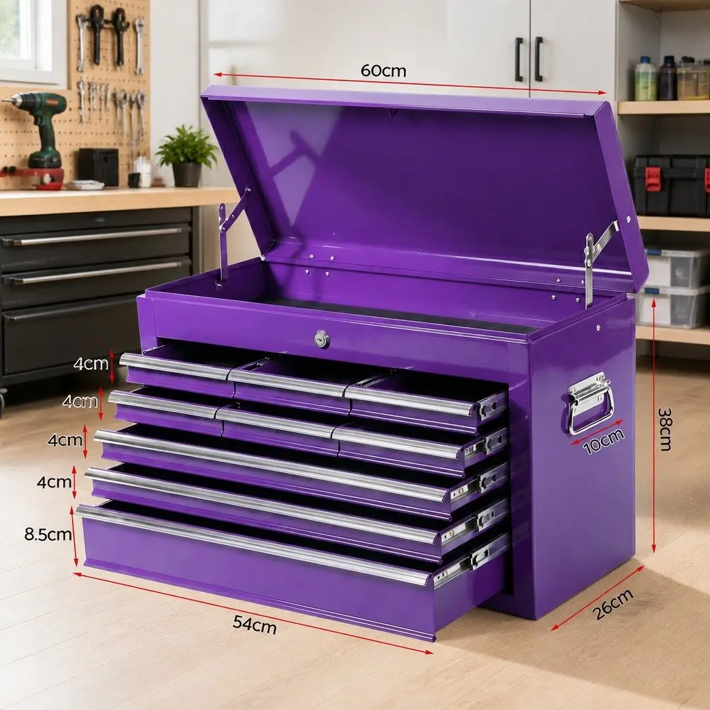 9-Drawer Tool Chest Purple Heavy Duty Steel Storage Cabinet Garage Organiser