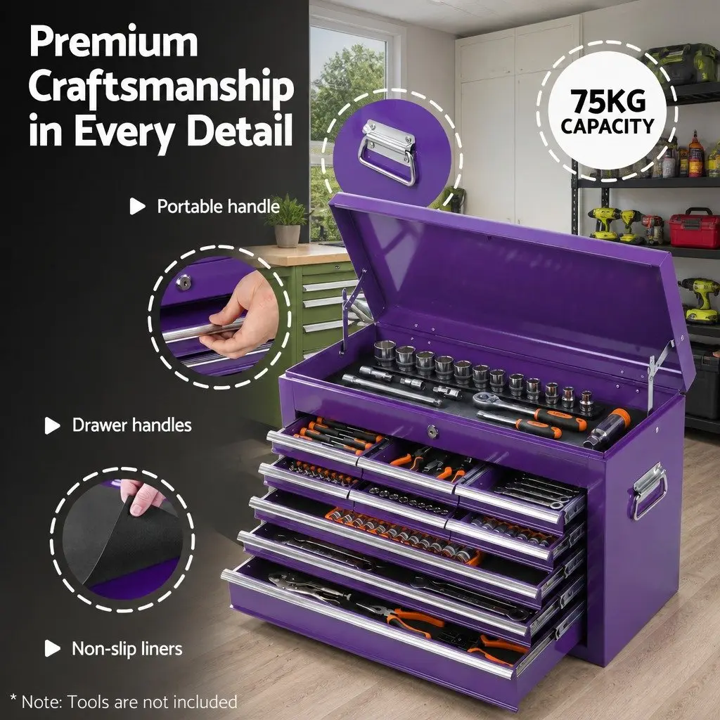 9-Drawer Tool Chest Purple Heavy Duty Steel Storage Cabinet Garage Organiser