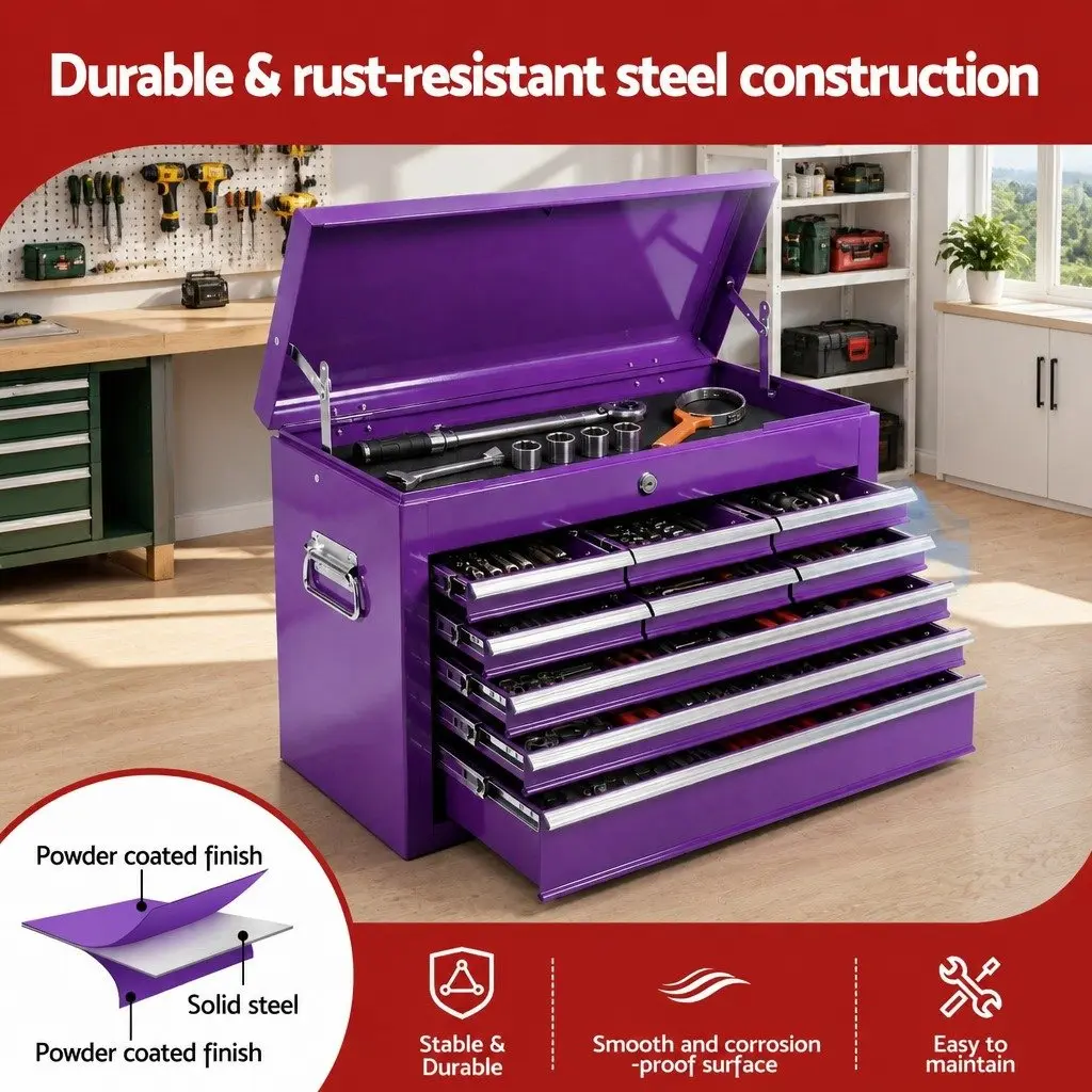 9-Drawer Tool Chest Purple Heavy Duty Steel Storage Cabinet Garage Organiser