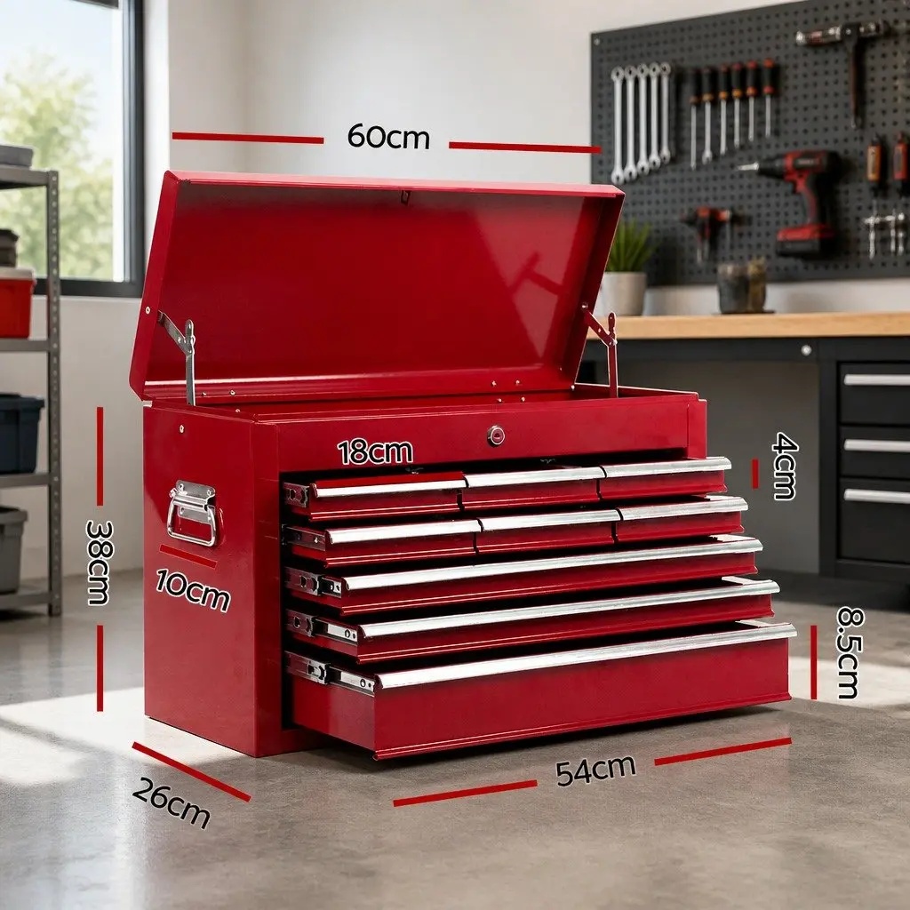 Tool Cabinet Storage Organizer 9 Drawer Steel Red 60cm W x 26cm D x 38cm H
