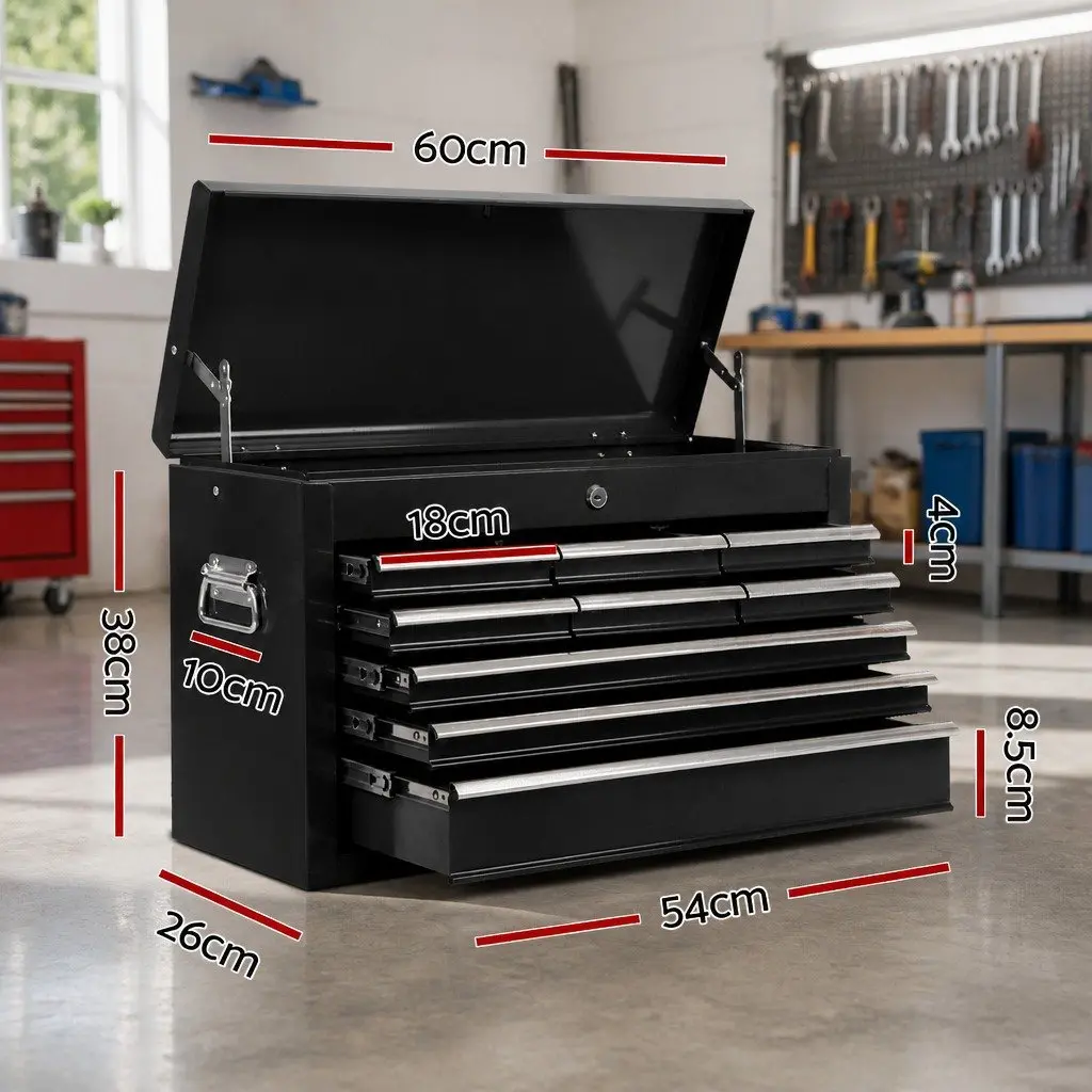9 Drawer Tool Box Cabinet Steel Storage Chest Garage Organiser Lockable Black