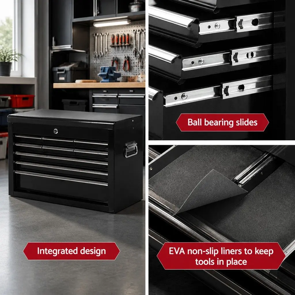 9 Drawer Tool Box Cabinet Steel Storage Chest Garage Organiser Lockable Black