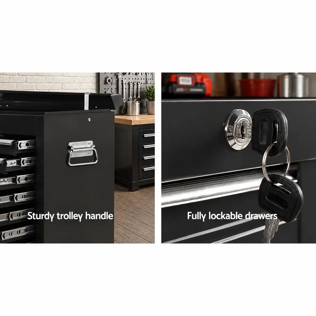 9 Drawer Tool Box Cabinet Steel Storage Chest Garage Organiser Lockable Black