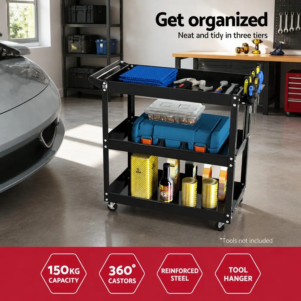 3-Tier Tool Cart Trolley Workshop Garage Storage Organizer with Lockable Wheels