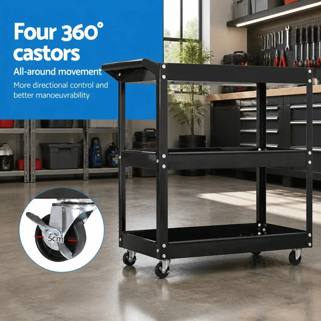 3-Tier Tool Cart Trolley Workshop Garage Storage Organizer with Lockable Wheels