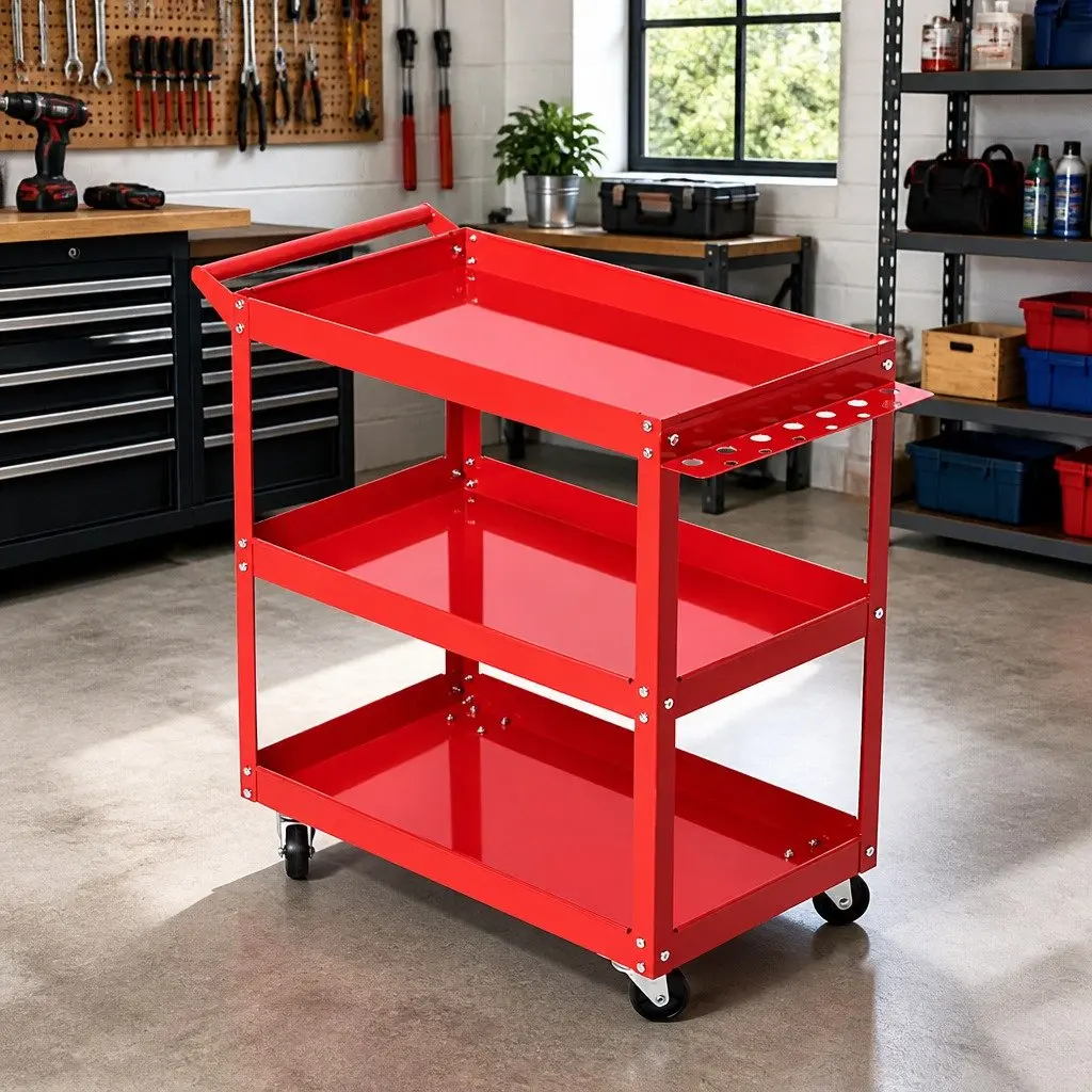3-Tier Tool Cart Trolley Storage Organizer Workshop Garage Red