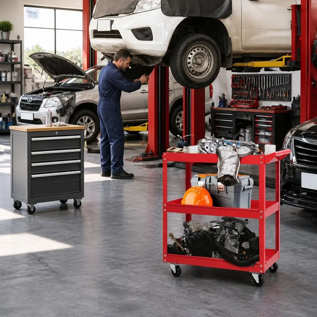 3-Tier Tool Cart Trolley Storage Organizer Workshop Garage Red