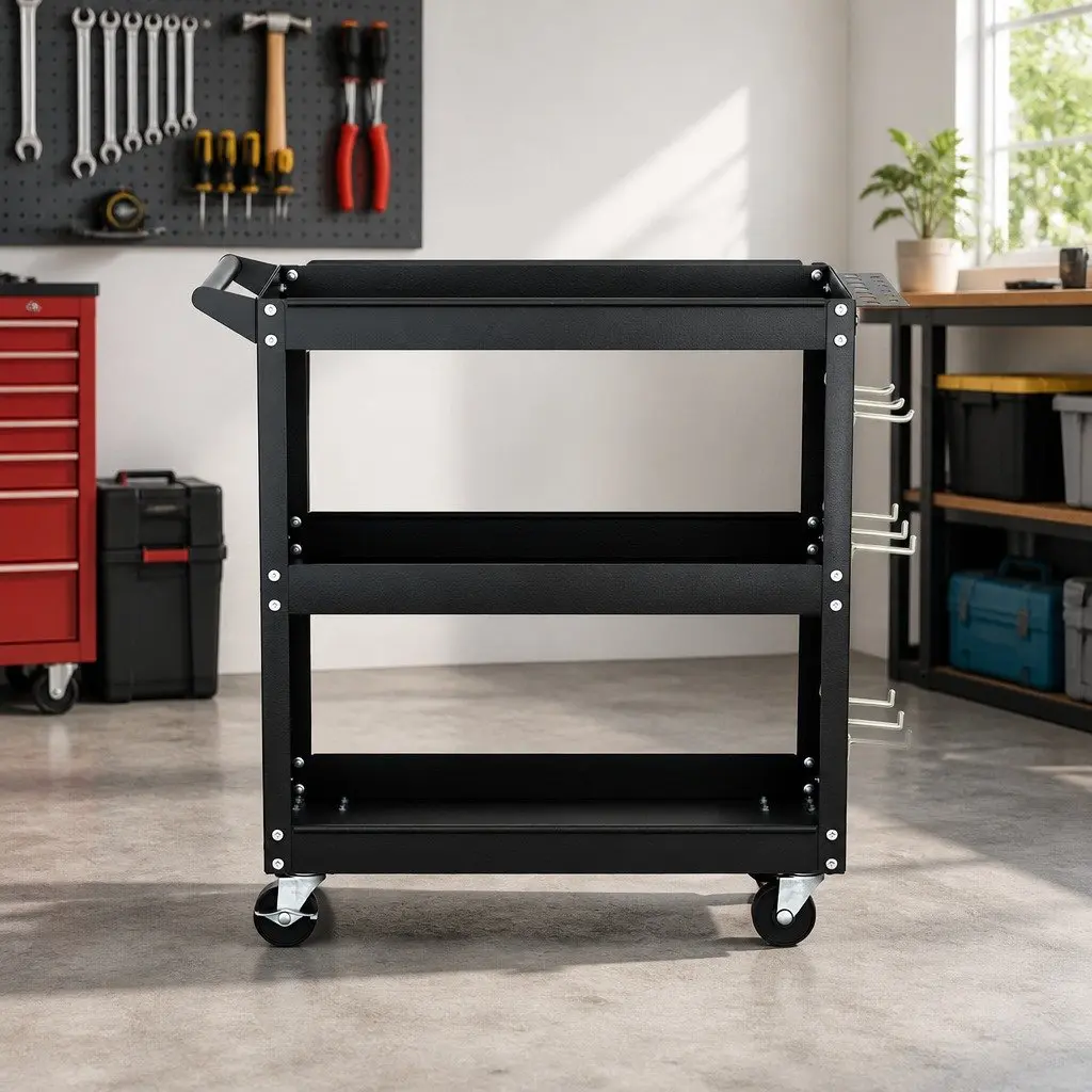 3-Tier Tool Cart Storage Trolley Workshop Garage Black