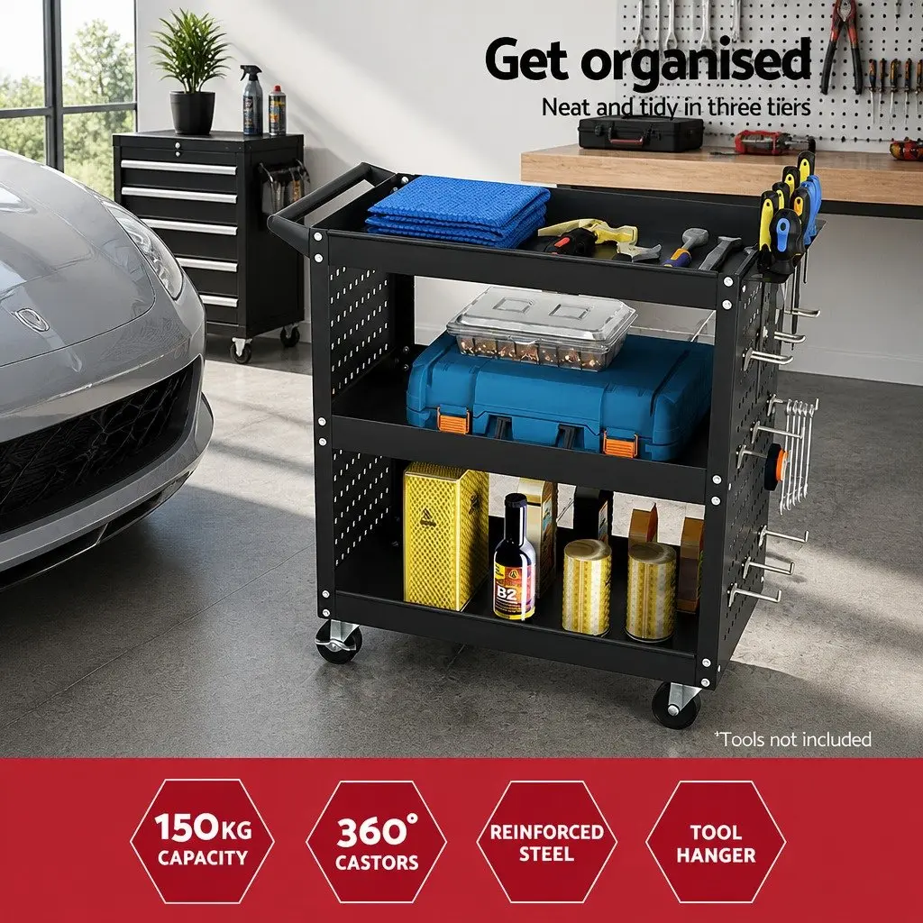 3-Tier Tool Cart Storage Trolley Workshop Garage Black
