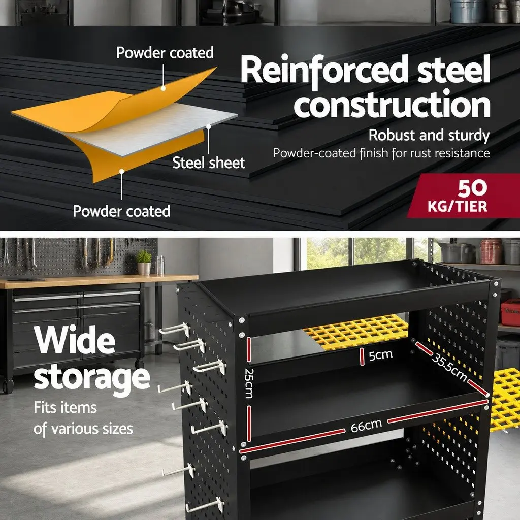 3-Tier Tool Cart Storage Trolley Workshop Garage Black