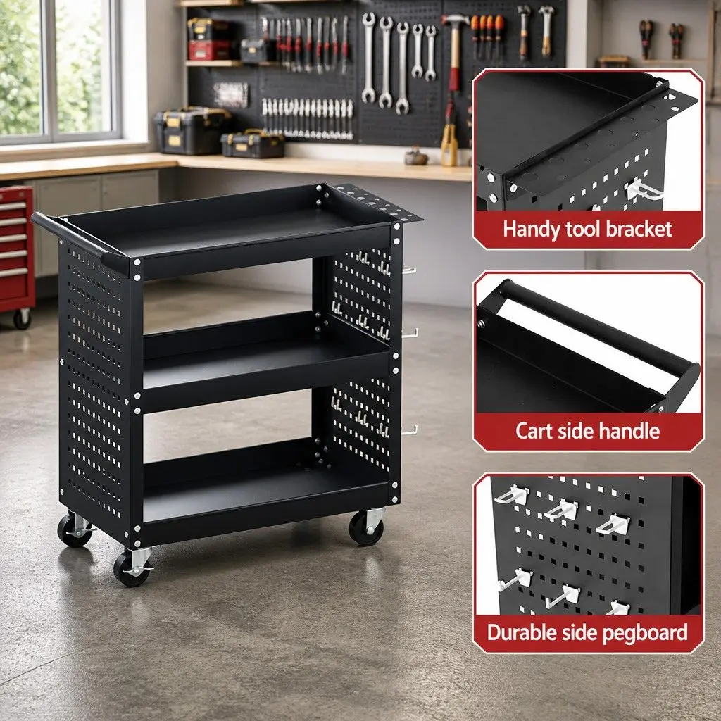 3-Tier Tool Cart Storage Trolley Workshop Garage Black