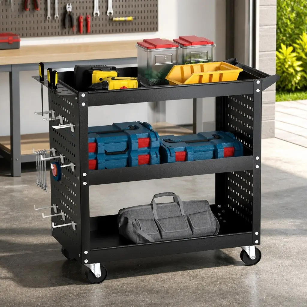 3-Tier Tool Cart Storage Trolley Workshop Garage Black