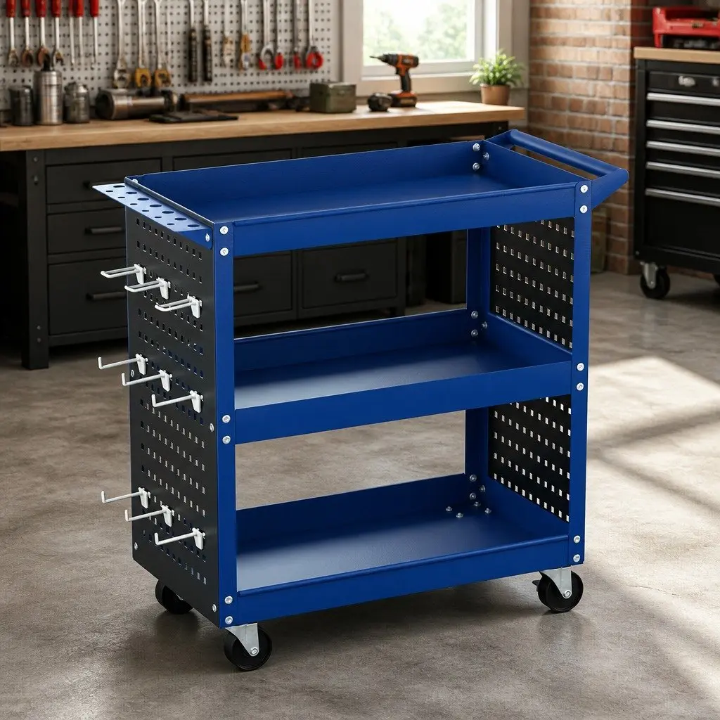 3-Tier Tool Cart Storage Trolley Workshop Garage Pegboard Hanging System Blue