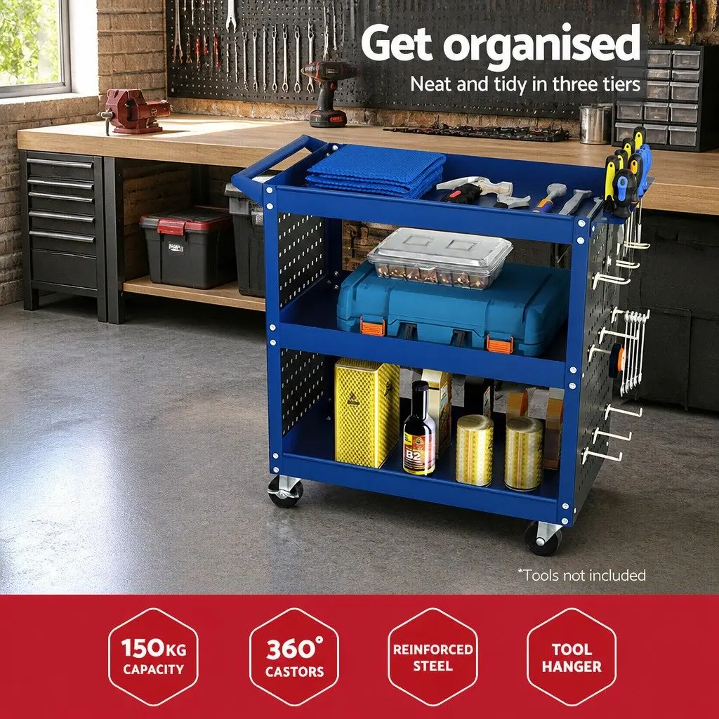 3-Tier Tool Cart Storage Trolley Workshop Garage Pegboard Hanging System Blue