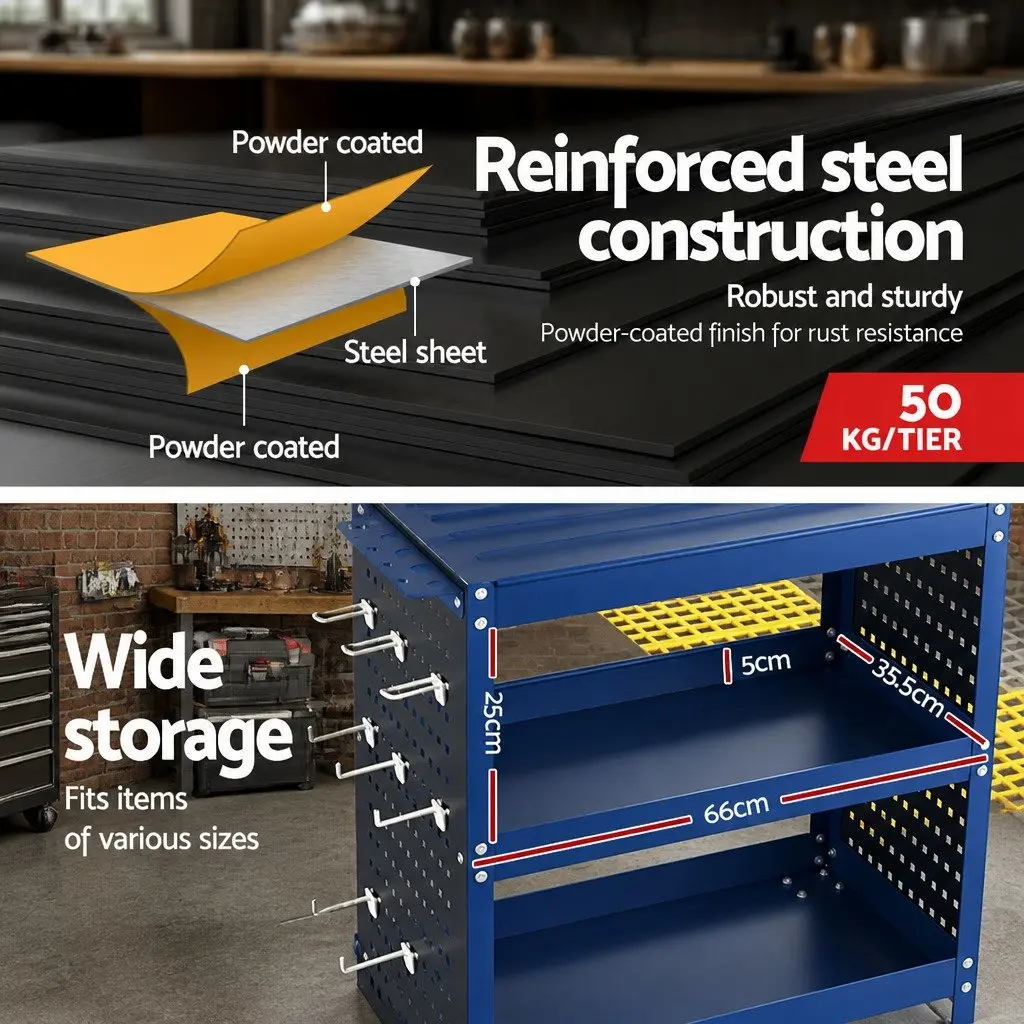 3-Tier Tool Cart Storage Trolley Workshop Garage Pegboard Hanging System Blue