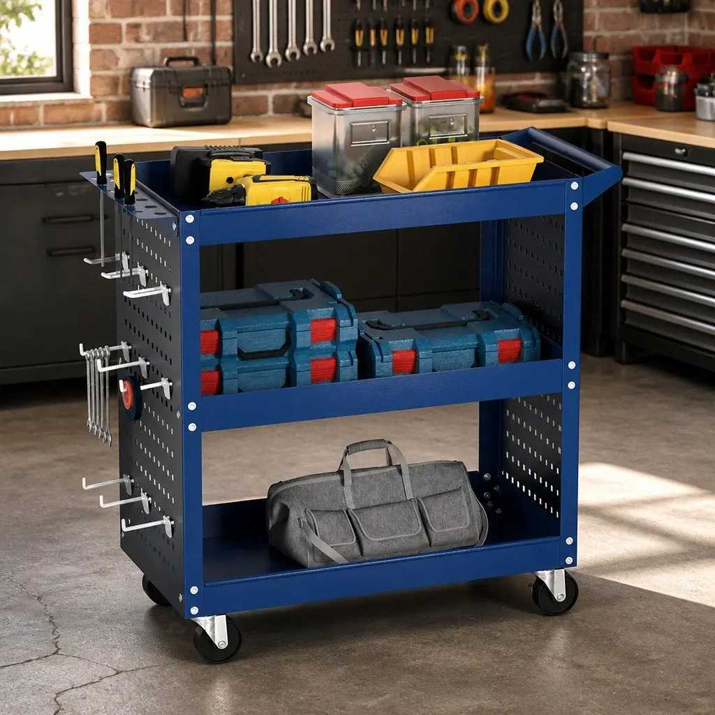 3-Tier Tool Cart Storage Trolley Workshop Garage Pegboard Hanging System Blue