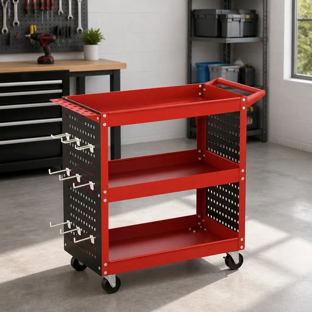 3-Tier Tool Cart with Pegboard and Red Finish