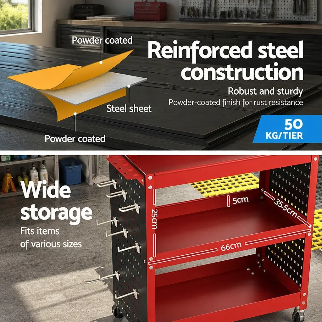 3-Tier Tool Cart Storage Trolley Workshop Garage Red