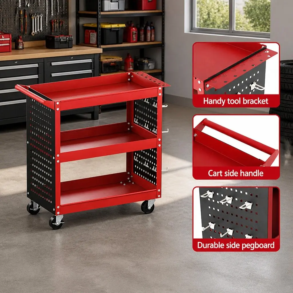3-Tier Tool Cart Storage Trolley Workshop Garage Red