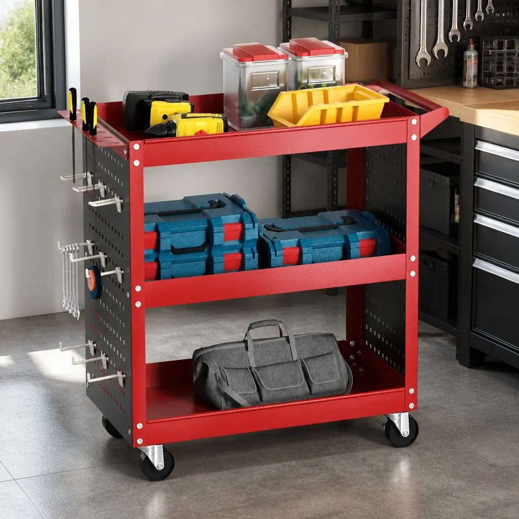 3-Tier Tool Cart Storage Trolley Workshop Garage Red