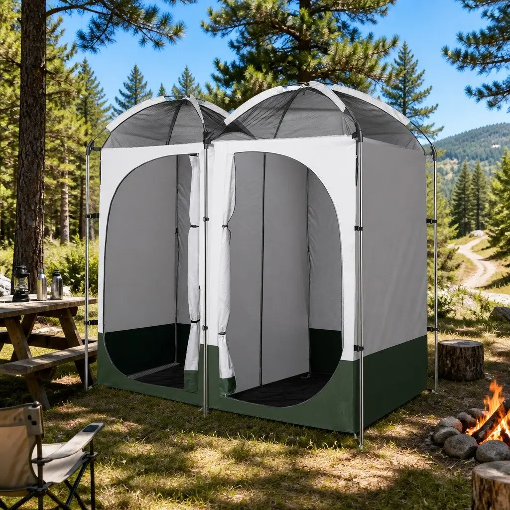 Double Camping Shower Toilet Tent Portable Change Room 224 x 114 x 212 cm Green