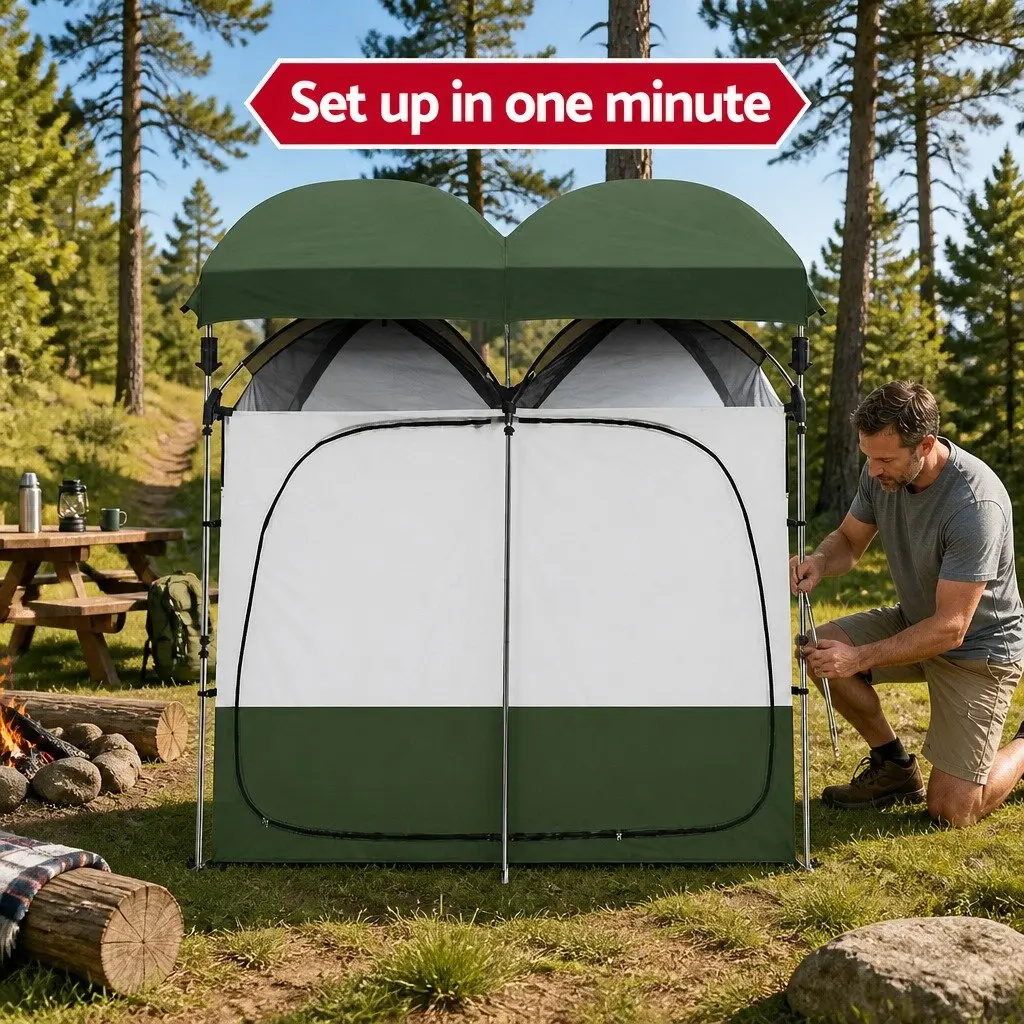 Double Camping Shower Toilet Tent Portable Change Room 224 x 114 x 212 cm Green