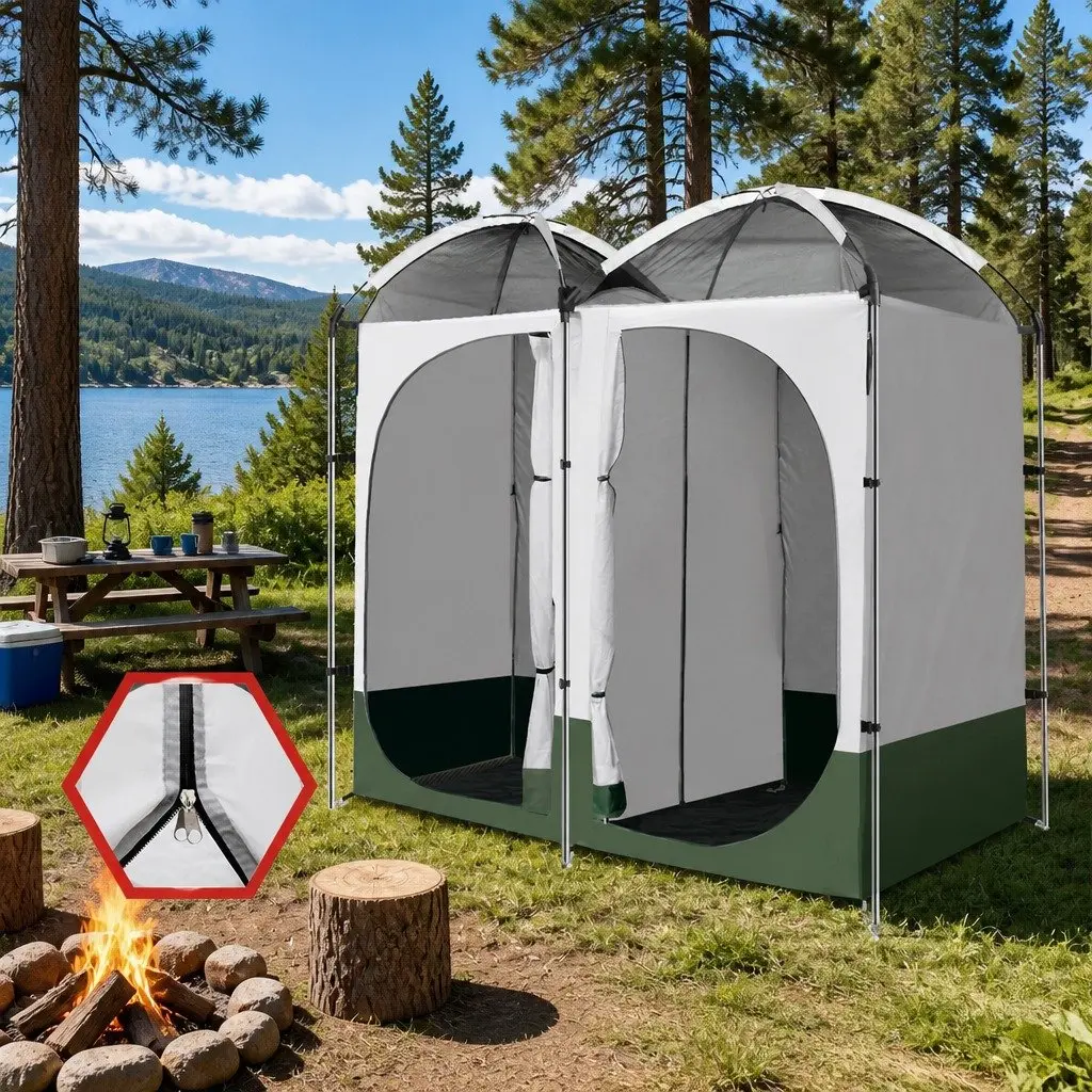Double Camping Shower Toilet Tent Portable Change Room 224 x 114 x 212 cm Green