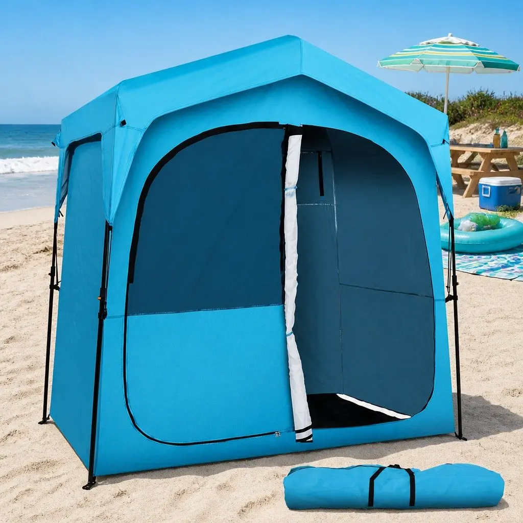 Double Camping Shower Toilet Tent Portable Privacy Change Room Blue 210x120x200 cm