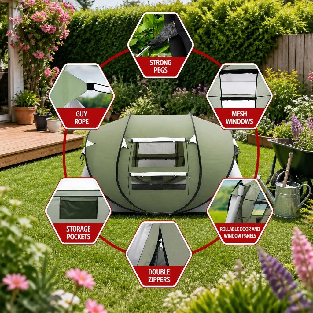 Camping Tent Instant Pop Up Dome 4-5 Person Outdoor Green