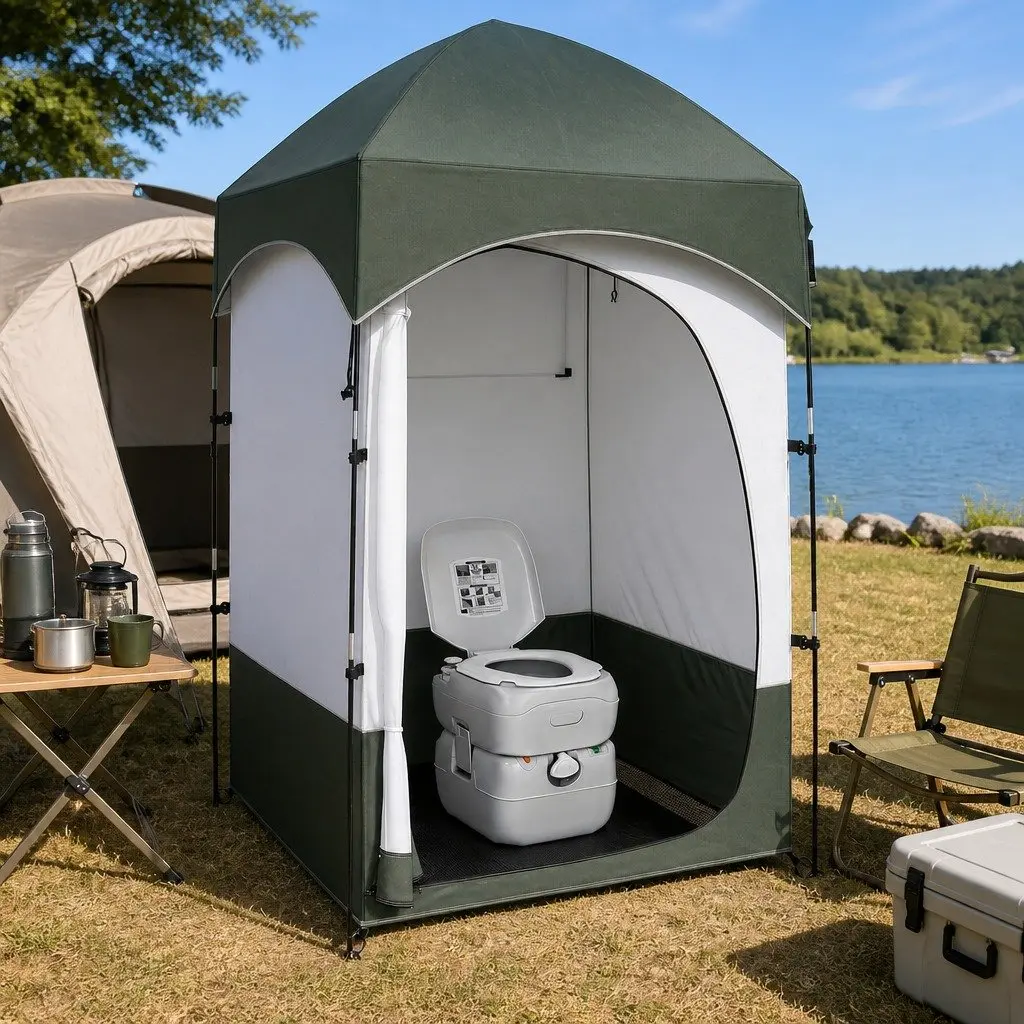 Portable Toilet Shower Tent Changing Room Set Outdoor Privacy Ensuite 22L Grey Green