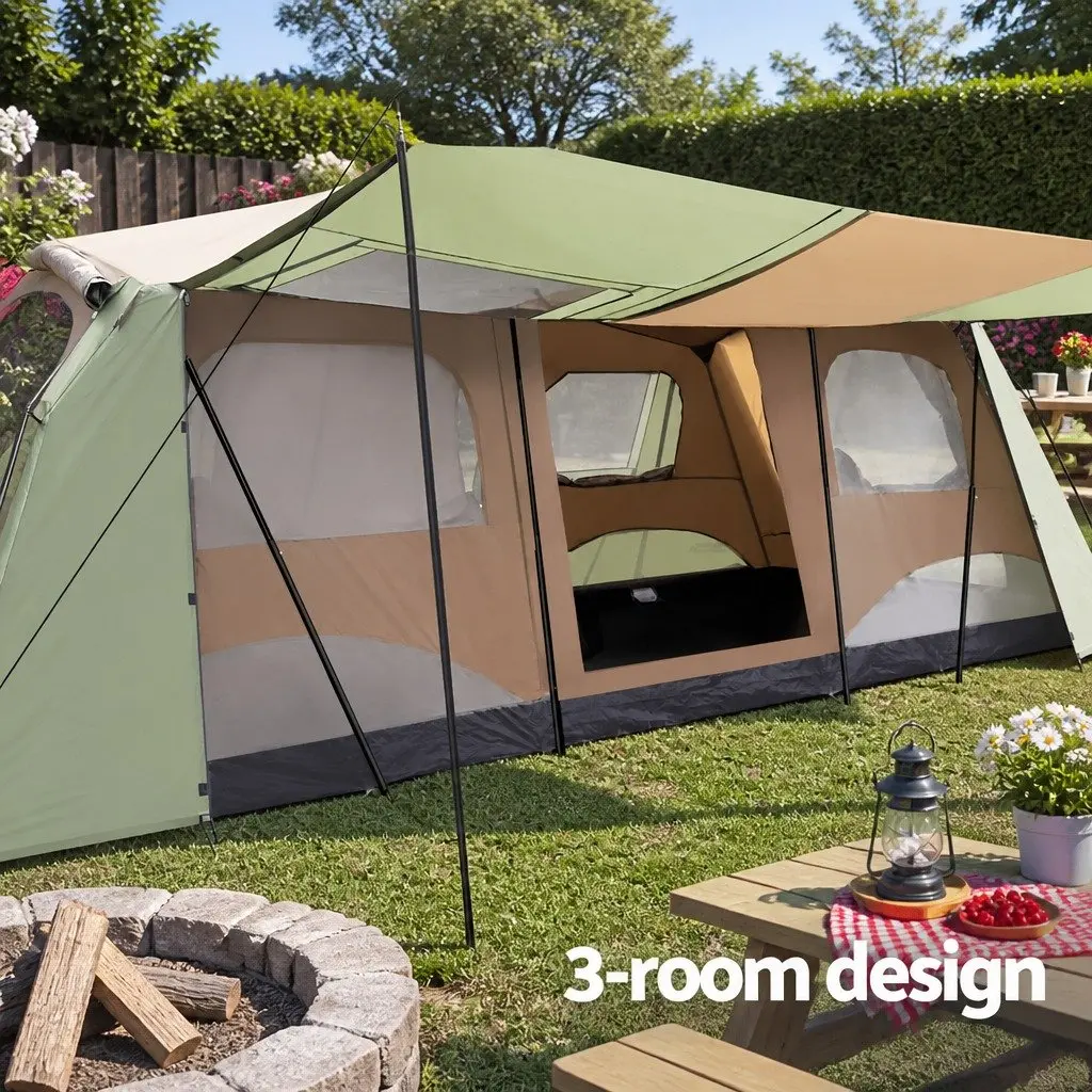 10 Person Camping Tent Family Outdoor Hiking 3 Room Brown