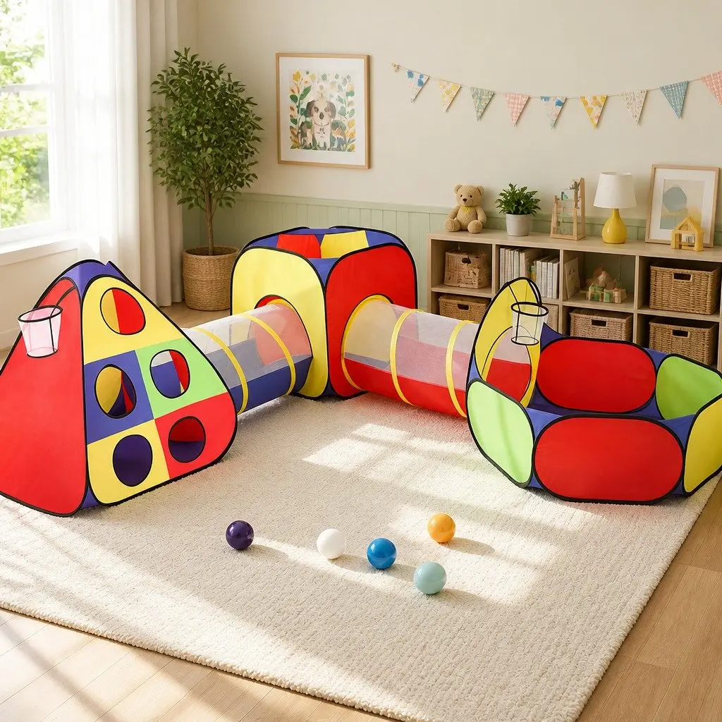 Kids Play Tent Teepee Playhouse Crawling Tunnel Ball Pit Basketball Hoop Multi-colour