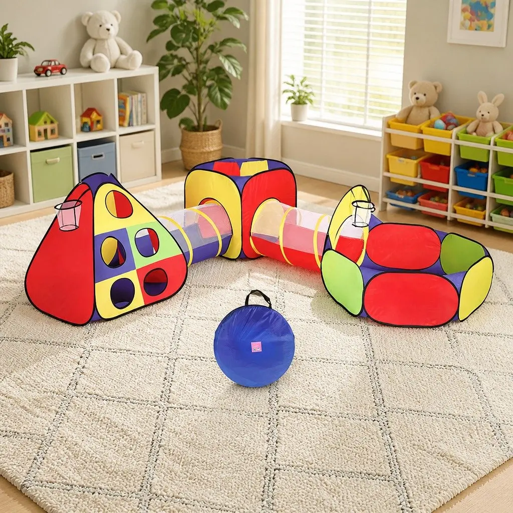 Kids Play Tent Teepee Playhouse Crawling Tunnel Ball Pit Basketball Hoop Multi-colour