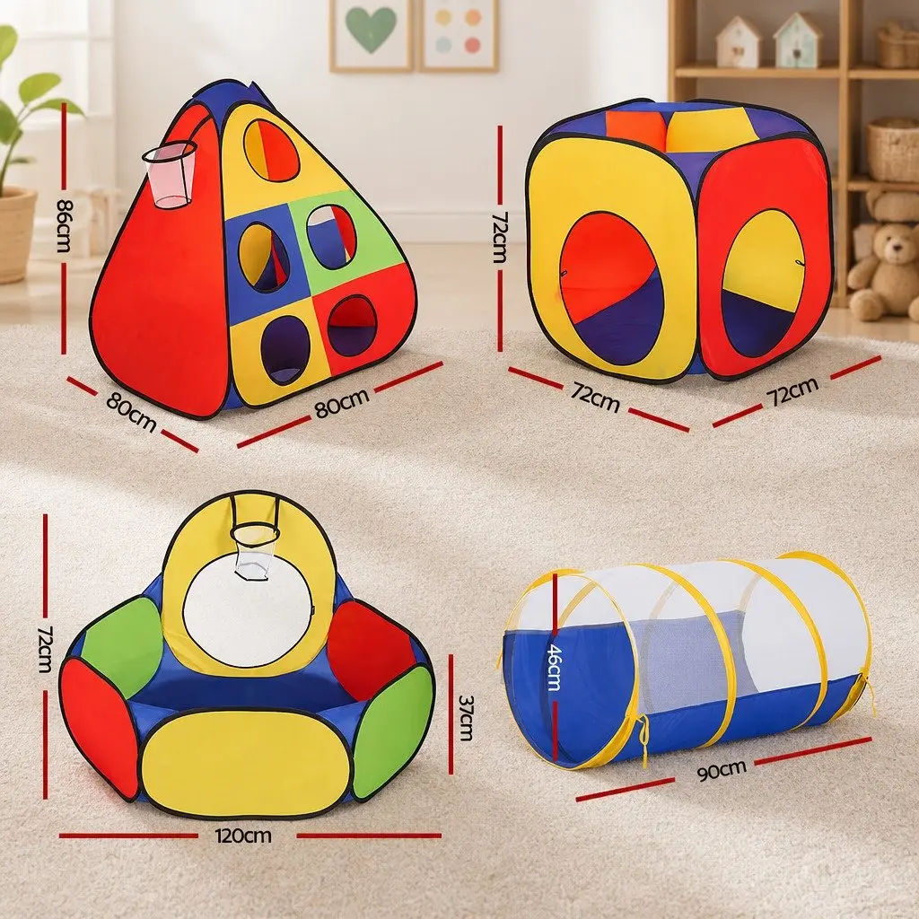 Kids Play Tent Teepee Playhouse Crawling Tunnel Ball Pit Basketball Hoop Multi-colour