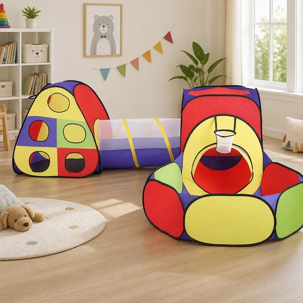 Kids Play Tent Teepee Playhouse Crawling Tunnel Ball Pit Basketball Hoop Multi-colour