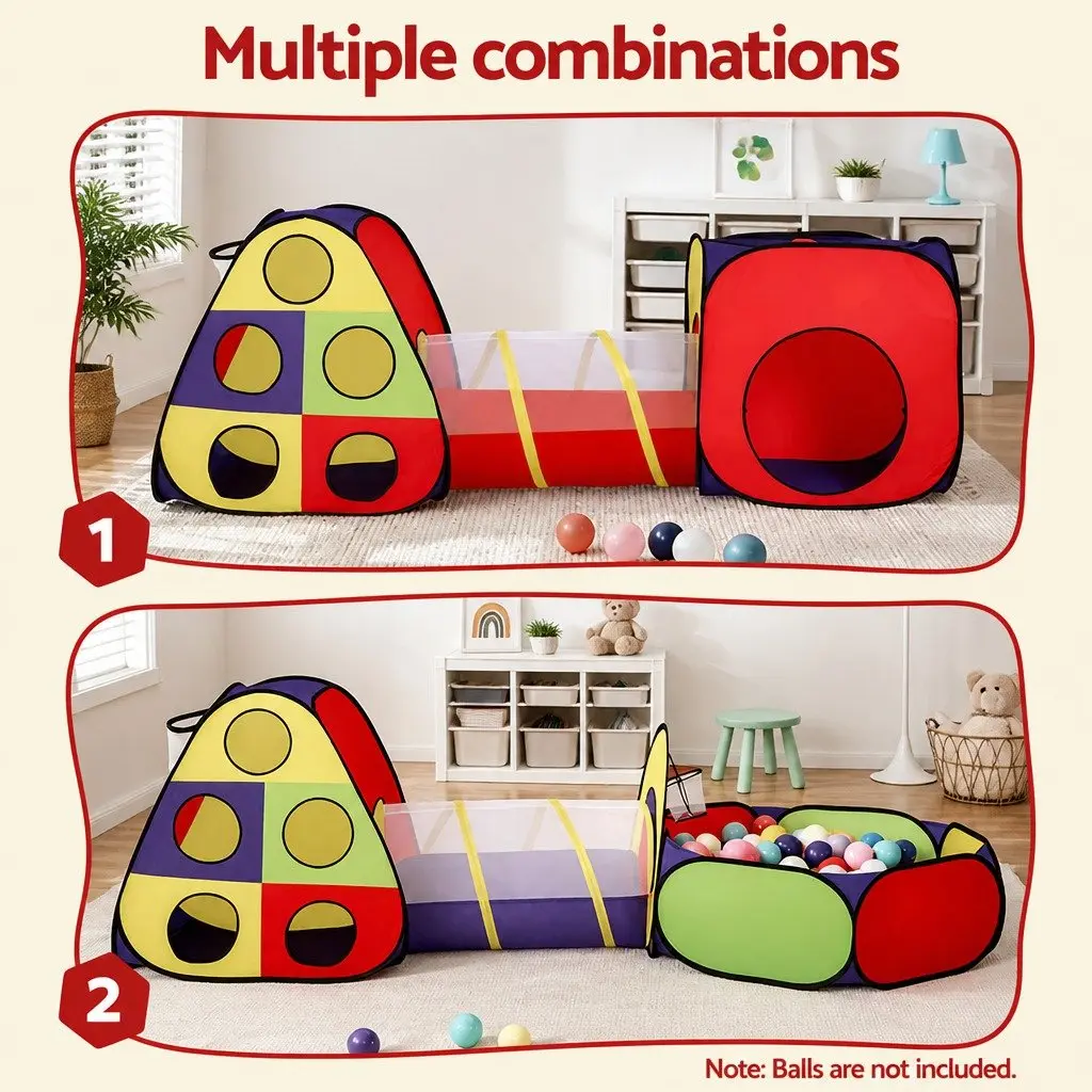 Kids Play Tent Teepee Playhouse Crawling Tunnel Ball Pit Basketball Hoop Multi-colour