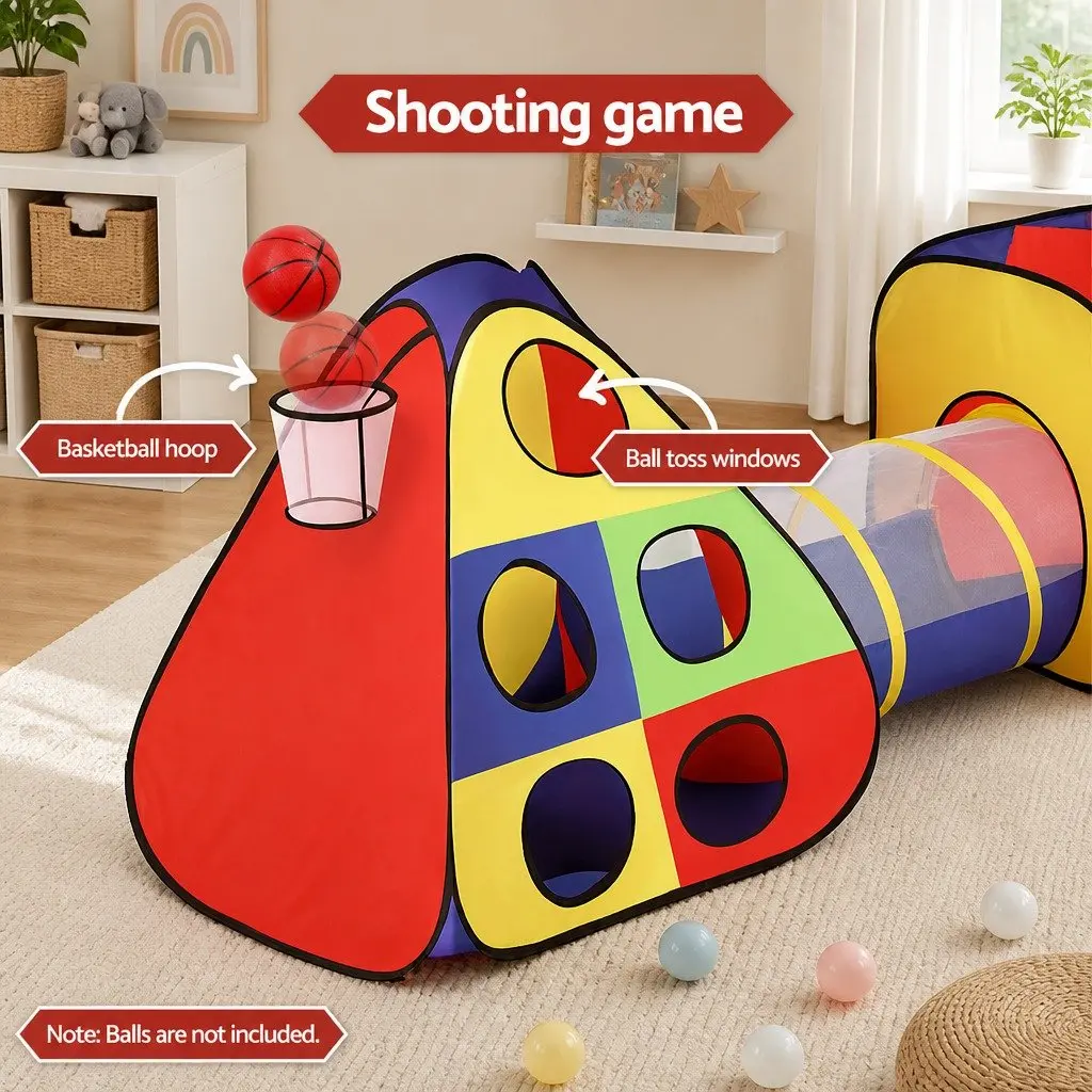 Kids Play Tent Teepee Playhouse Crawling Tunnel Ball Pit Basketball Hoop Multi-colour