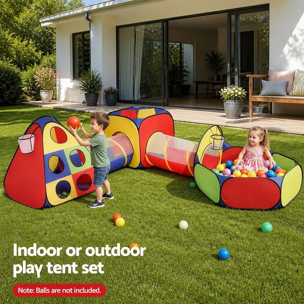 Kids Play Tent Teepee Playhouse Crawling Tunnel Ball Pit Basketball Hoop Multi-colour