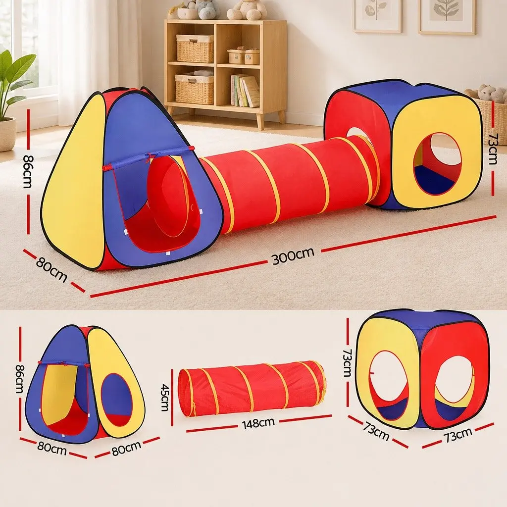 Kids Play Tent 3-in-1 Teepee Cube Playhouse Crawl Tunnel Indoor Outdoor Multicolour