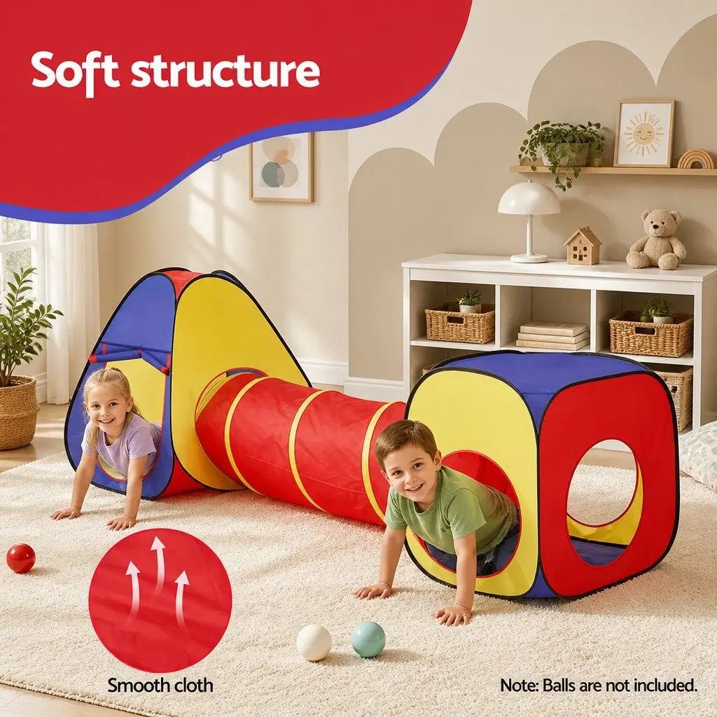 Kids Play Tent 3-in-1 Teepee Cube Playhouse Crawl Tunnel Indoor Outdoor Multicolour
